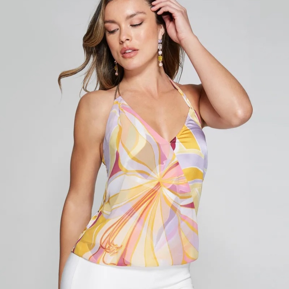 New Guess Marciano Halter Wrap Chain Silky Colorful Halter Top 0 XS